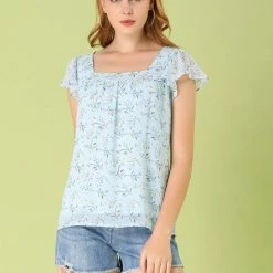 Allegra K Women's Chiffon Ruffle Sleeve Layered Floral Print Blouse Top