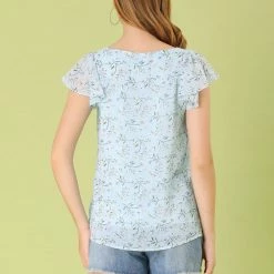 Allegra K Women's Chiffon Ruffle Sleeve Layered Floral Print Blouse Top