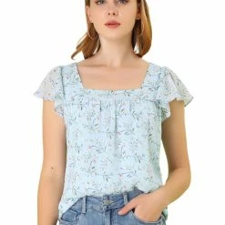 Allegra K Women's Chiffon Ruffle Sleeve Layered Floral Print Blouse Top