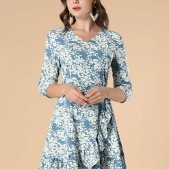 Allegra K Women's 3/4 Sleeves Floral Ruffle Hem Dress