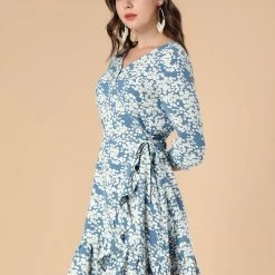 Allegra K Women's 3/4 Sleeves Floral Ruffle Hem Dress