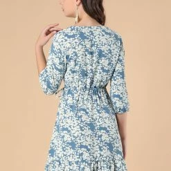 Allegra K Women's 3/4 Sleeves Floral Ruffle Hem Dress