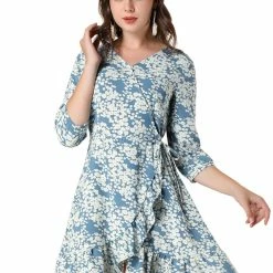 Allegra K Women's 3/4 Sleeves Floral Ruffle Hem Dress