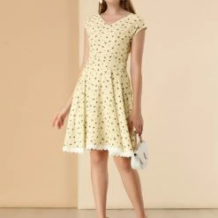 Allegra K Women's V Neck Cap Sleeve Lace Trim Fit And Flare Floral Dress