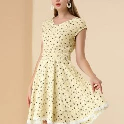 Allegra K Women's V Neck Cap Sleeve Lace Trim Fit And Flare Floral Dress