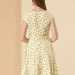 Allegra K Women's V Neck Cap Sleeve Lace Trim Fit And Flare Floral Dress