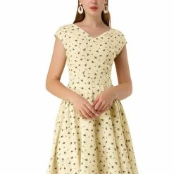 Allegra K Women's V Neck Cap Sleeve Lace Trim Fit And Flare Floral Dress