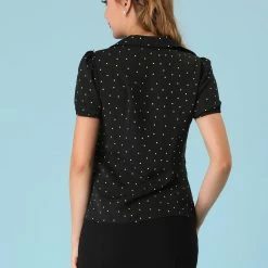 Allegra K Women's Polka Dots Short Sleeve Piped Button Down Office Top