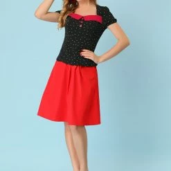 Allegra K Women's Contrast Square Neck Summer Casual Polka Dots Tops Blouse