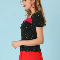 Allegra K Women's Contrast Square Neck Summer Casual Polka Dots Tops Blouse