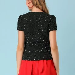 Allegra K Women's Contrast Square Neck Summer Casual Polka Dots Tops Blouse