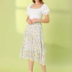 Allegra K Women's Floral A-Line Elastic Back Ruffle Hem Tiered Flowy Midi Skirt