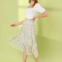Allegra K Women's Floral A-Line Elastic Back Ruffle Hem Tiered Flowy Midi Skirt