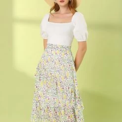 Allegra K Women's Floral A-Line Elastic Back Ruffle Hem Tiered Flowy Midi Skirt