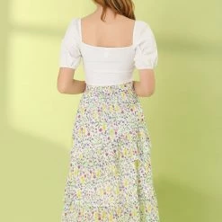 Allegra K Women's Floral A-Line Elastic Back Ruffle Hem Tiered Flowy Midi Skirt