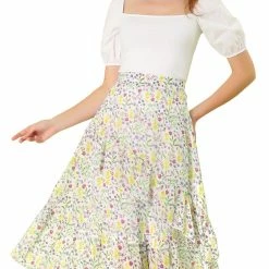 Allegra K Women's Floral A-Line Elastic Back Ruffle Hem Tiered Flowy Midi Skirt