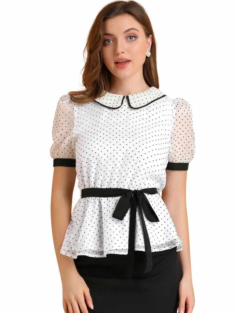 Allegra K Women's Tie Front Doll Collar Contrast Trim Casual Top Shirt 7 Allegra K Women's Tie Front Doll Collar Contrast Trim Casual Top Shirt