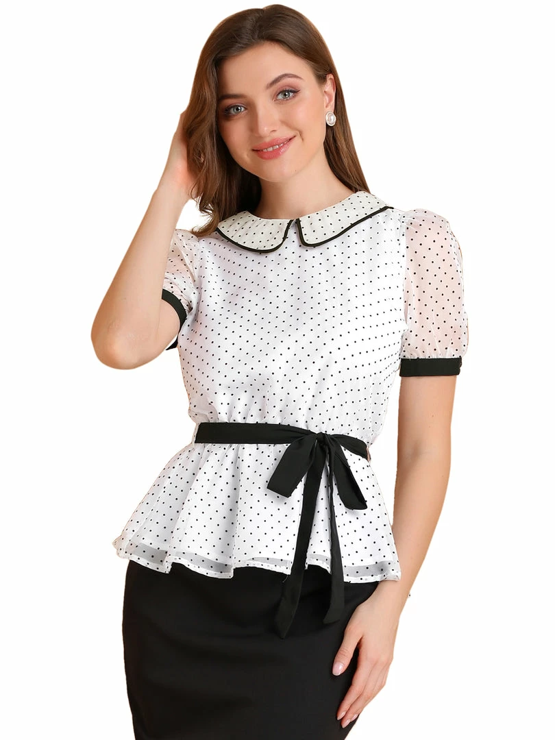 Allegra K Women's Tie Front Doll Collar Contrast Trim Casual Top Shirt 4 Allegra K Women's Tie Front Doll Collar Contrast Trim Casual Top Shirt