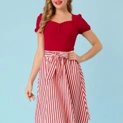 Allegra K Women's Retro Sweetheart Neck Top Ruched Front Button Decor Short Sleeve Blouse 18 Allegra K Women's Retro Sweetheart Neck Top Ruched Front Button Decor Short Sleeve Blouse