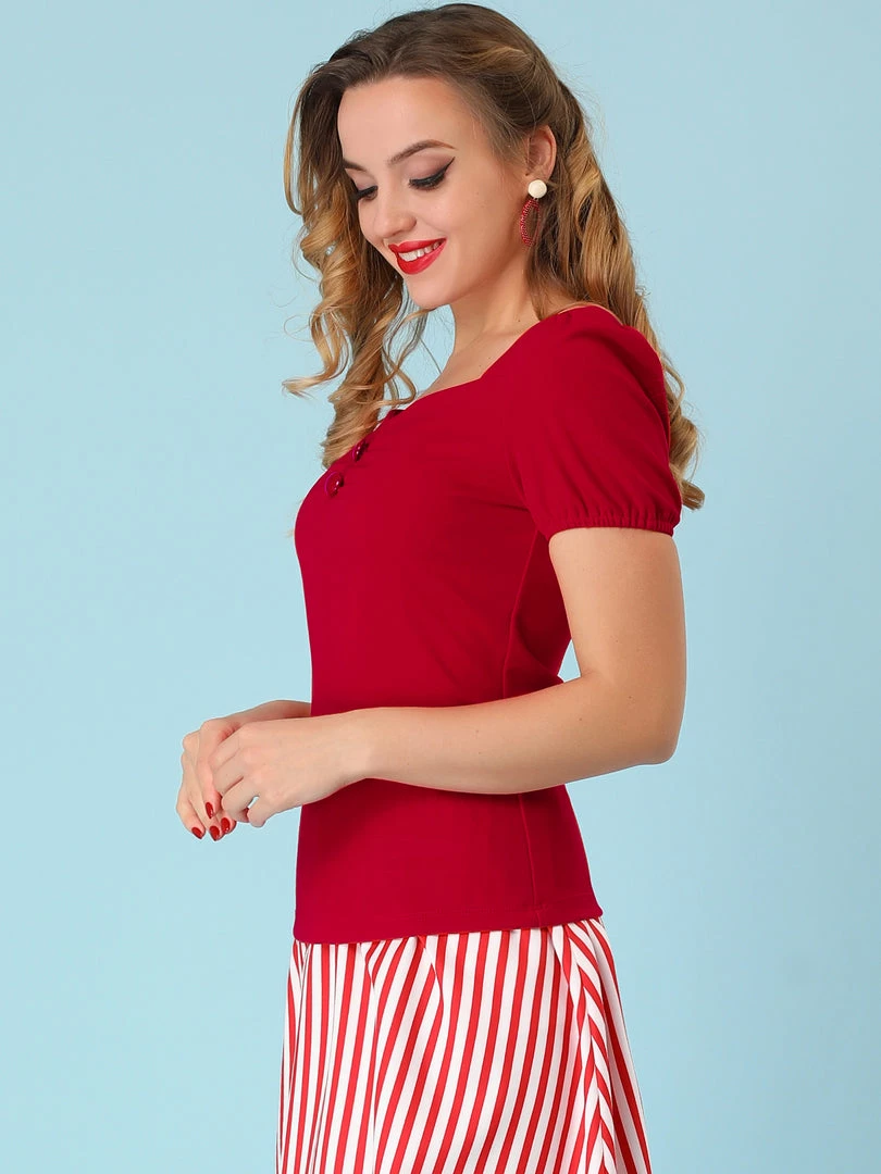 Allegra K Women's Retro Sweetheart Neck Top Ruched Front Button Decor Short Sleeve Blouse 7 Allegra K Women's Retro Sweetheart Neck Top Ruched Front Button Decor Short Sleeve Blouse