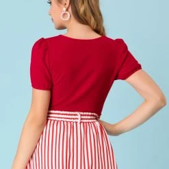 Allegra K Women's Retro Sweetheart Neck Top Ruched Front Button Decor Short Sleeve Blouse 20 Allegra K Women's Retro Sweetheart Neck Top Ruched Front Button Decor Short Sleeve Blouse