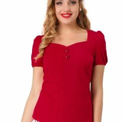 Allegra K Women's Retro Sweetheart Neck Top Ruched Front Button Decor Short Sleeve Blouse