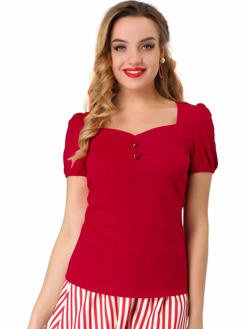 Allegra K Women's Retro Sweetheart Neck Top Ruched Front Button Decor Short Sleeve Blouse 4 Allegra K Women's Retro Sweetheart Neck Top Ruched Front Button Decor Short Sleeve Blouse