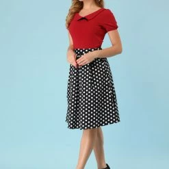 Allegra K Women's Flat Collar Short Sleeve Elastic Cuff Bow Decor Blouse Top