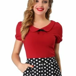 Allegra K Women's Flat Collar Short Sleeve Elastic Cuff Bow Decor Blouse Top