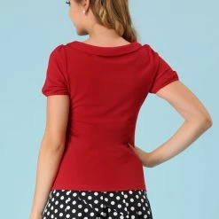 Allegra K Women's Flat Collar Short Sleeve Elastic Cuff Bow Decor Blouse Top