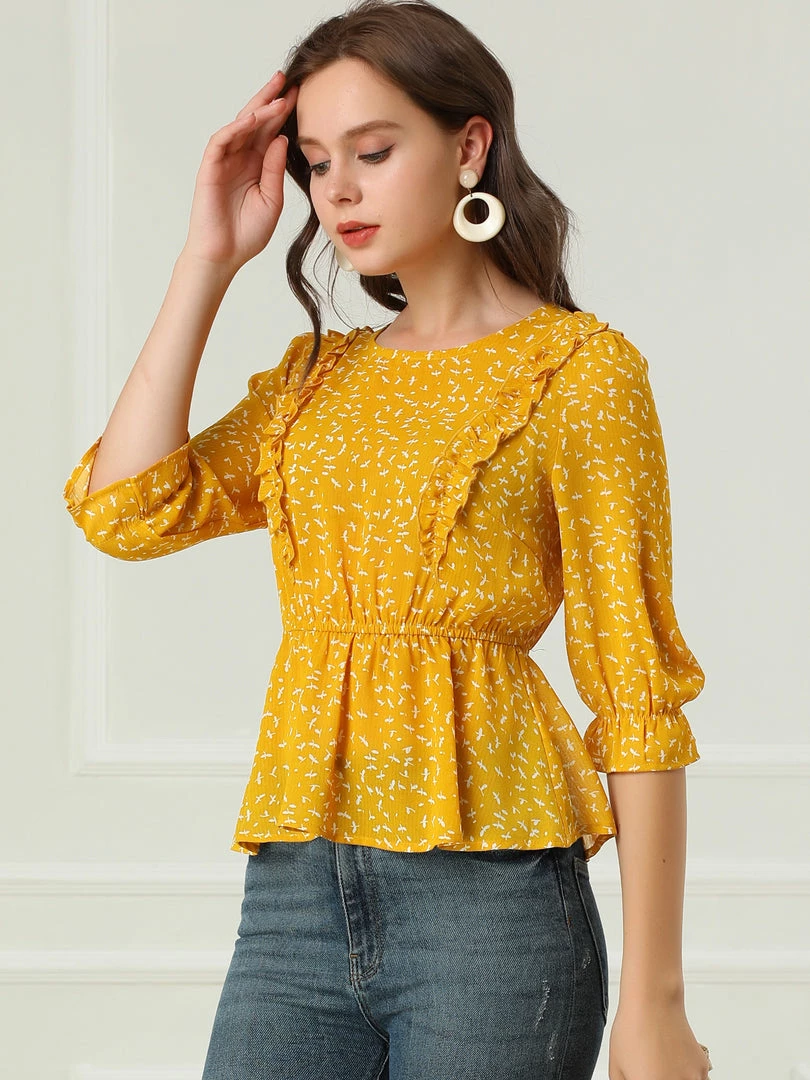 Allegra K Women's Elegant Peplum Tops 3/4 Sleeve Floral Printed Chiffon Blouse 5 Allegra K Women's Elegant Peplum Tops 3/4 Sleeve Floral Printed Chiffon Blouse