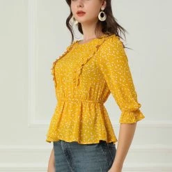 Allegra K Women's Elegant Peplum Tops 3/4 Sleeve Floral Printed Chiffon Blouse 13 Allegra K Women's Elegant Peplum Tops 3/4 Sleeve Floral Printed Chiffon Blouse