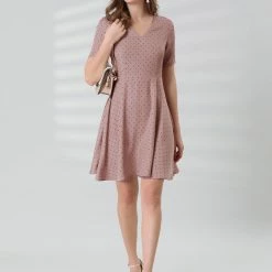Allegra K Women's V Neck Short Sleeve Fit And Flare Polka Dots Vintage Dress