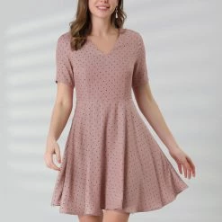 Allegra K Women's V Neck Short Sleeve Fit And Flare Polka Dots Vintage Dress