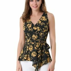 Allegra K Diagonal Stripes Tie Waist Wrap Top Women