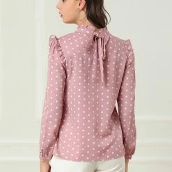 Allegra K Women's Ruffle Trim Polka Dots Blouse Long Sleeve Back Bow Tie Cute Top Shirt 48 Allegra K Women's Ruffle Trim Polka Dots Blouse Long Sleeve Back Bow Tie Cute Top Shirt