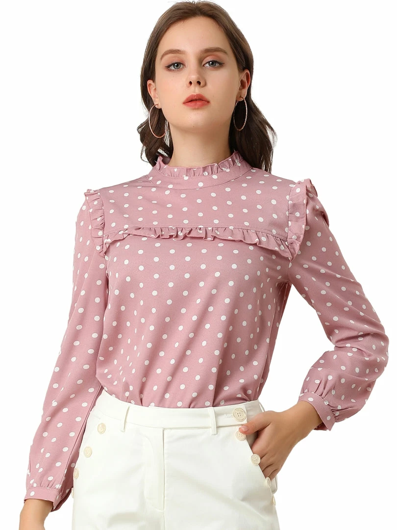 Allegra K Women's Ruffle Trim Polka Dots Blouse Long Sleeve Back Bow Tie Cute Top Shirt 9 Allegra K Women's Ruffle Trim Polka Dots Blouse Long Sleeve Back Bow Tie Cute Top Shirt