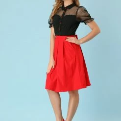 Allegra K Women's Mesh Panel Top Bubble Short Sleeve Point Collar Blouse