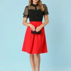 Allegra K Women's Mesh Panel Top Bubble Short Sleeve Point Collar Blouse