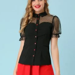 Allegra K Women's Mesh Panel Top Bubble Short Sleeve Point Collar Blouse