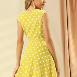 Allegra K Women's Polka Dots Cap Sleeves Pockets V Neck Dress