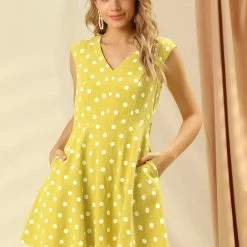 Allegra K Women's Polka Dots Cap Sleeves Pockets V Neck Dress