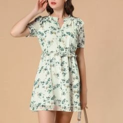 Allegra K Women's Ruffle Smocked V Neck Floral Fit And Flare Short Sleeve Elastic Waist Mini Dress