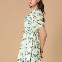 Allegra K Women's Ruffle Smocked V Neck Floral Fit And Flare Short Sleeve Elastic Waist Mini Dress