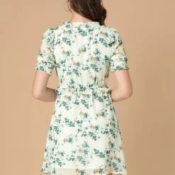 Allegra K Women's Ruffle Smocked V Neck Floral Fit And Flare Short Sleeve Elastic Waist Mini Dress
