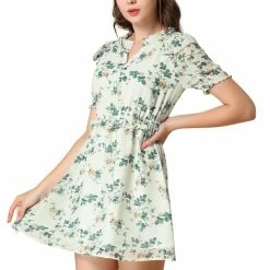 Allegra K Women's Ruffle Smocked V Neck Floral Fit And Flare Short Sleeve Elastic Waist Mini Dress