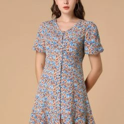 Allegra K Women's Casual Short Puff Sleeve Full Placket Ruffle Hem Floral Dress