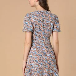 Allegra K Women's Casual Short Puff Sleeve Full Placket Ruffle Hem Floral Dress