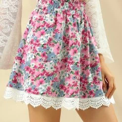 Allegra K Women's Floral Print Skirts Flowy Elastic Waist A-Line Lace Scalloped Hem Mini Skirt 11 Allegra K Women's Floral Print Skirts Flowy Elastic Waist A-Line Lace Scalloped Hem Mini Skirt
