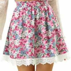 Allegra K Women's Floral Print Skirts Flowy Elastic Waist A-Line Lace Scalloped Hem Mini Skirt